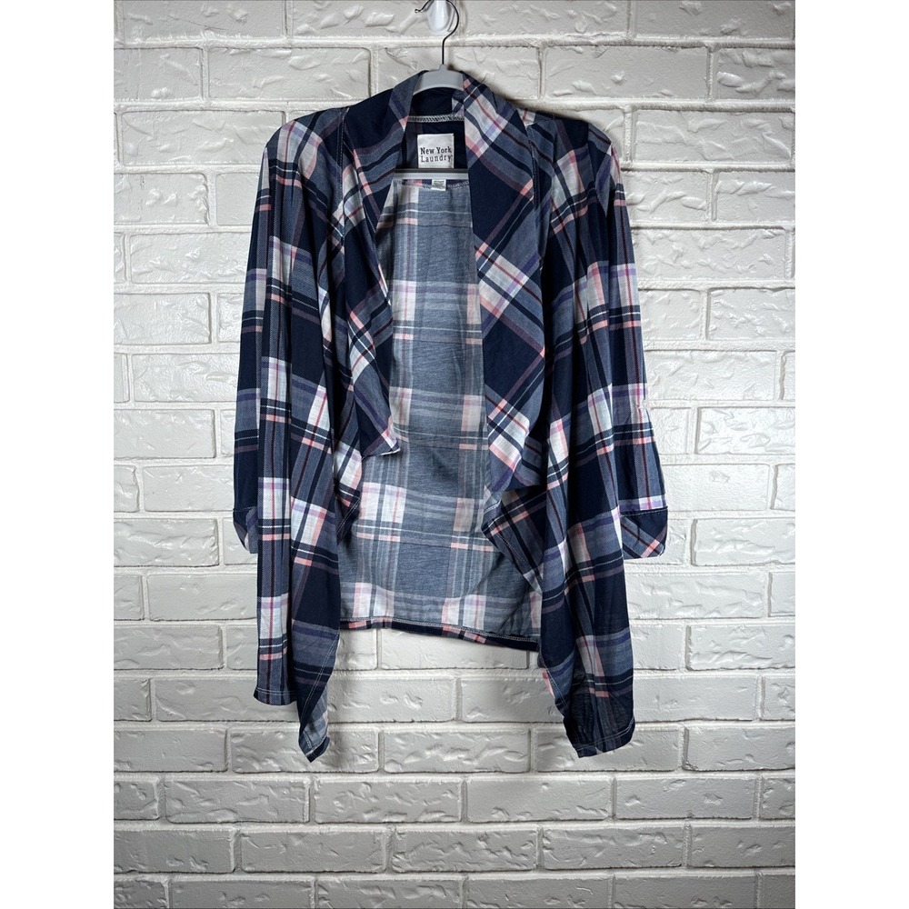 New York Laundry Womens Cardigan‎ Duster Size S Open Roll Tab Sleeves Plaid Blue